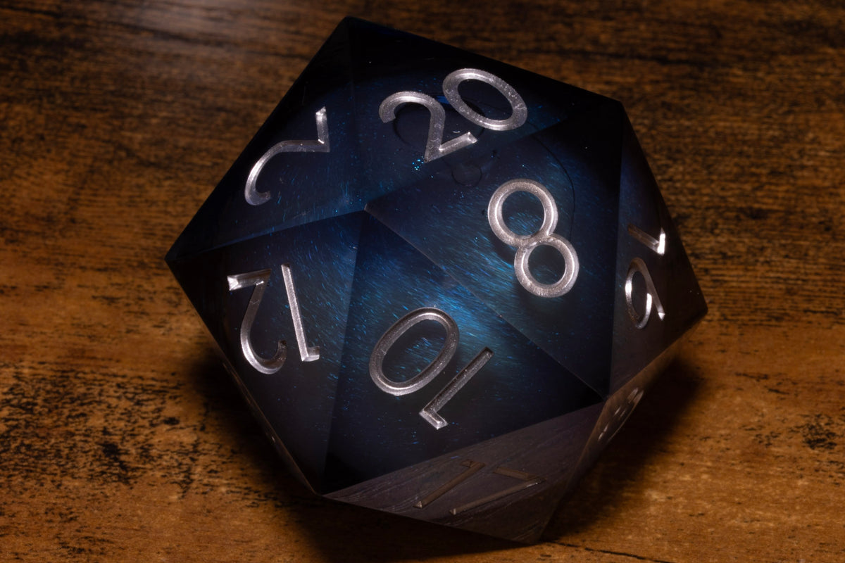 Midnight Tide Liquid Core Gargantuan D20 – 55mm Chonk D20 with Blue-Grey Shimmer Core