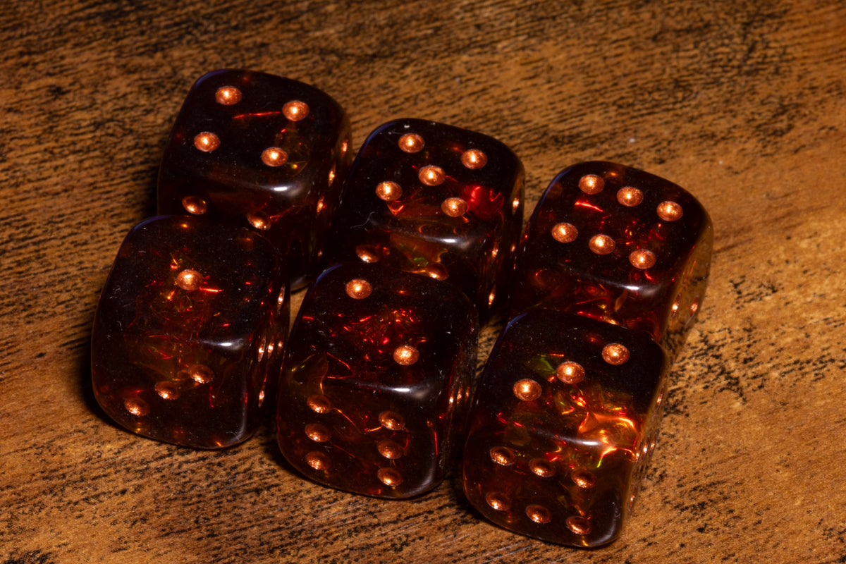 Ember Opal Six-Sided PIP Dice – Translucent Brown with Copper Pips