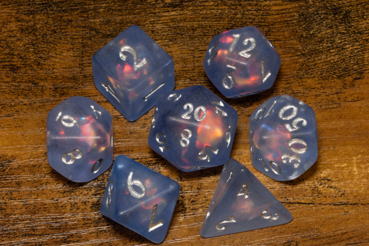 Frost Faerie Opal 7-Piece Dice Set – Frosted Blue with Holographic Foil