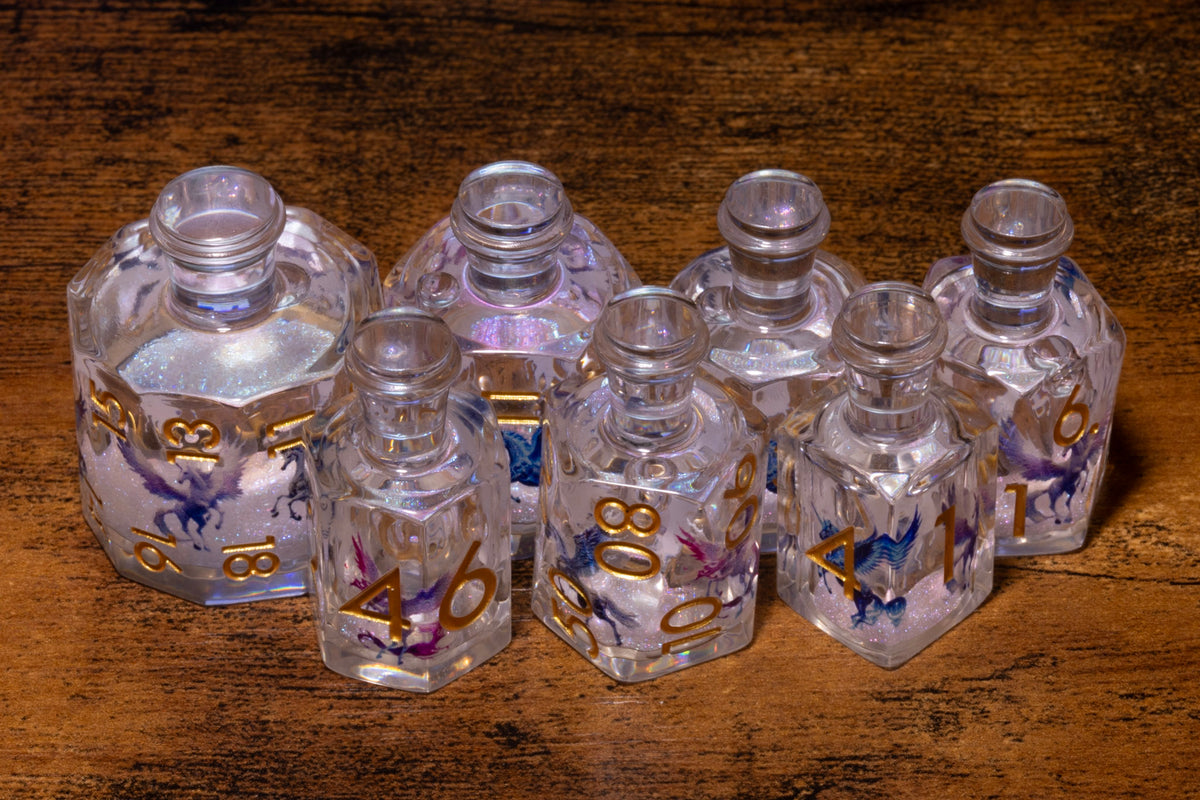 Dragon's Draught 7-Piece Liquid Core Potion Dice Set – White Shimmer with Blue & Purple Dragons
