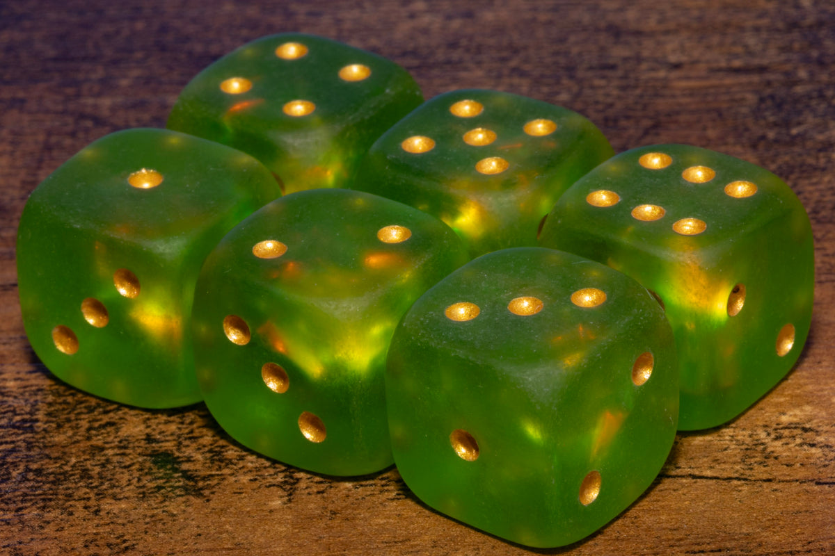 Moss Opal Six-Sided PIP Dice – Frosted Green with Gold Pips