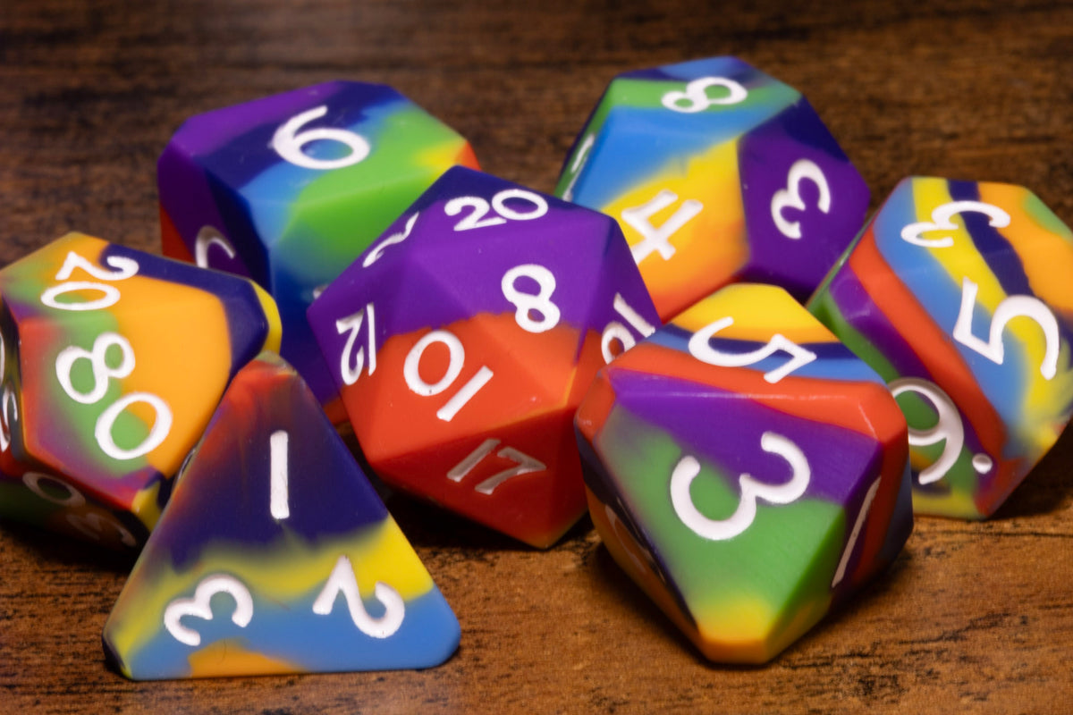 Prism Bounce 7-Piece Silicone Dice Set – Rainbow Layered