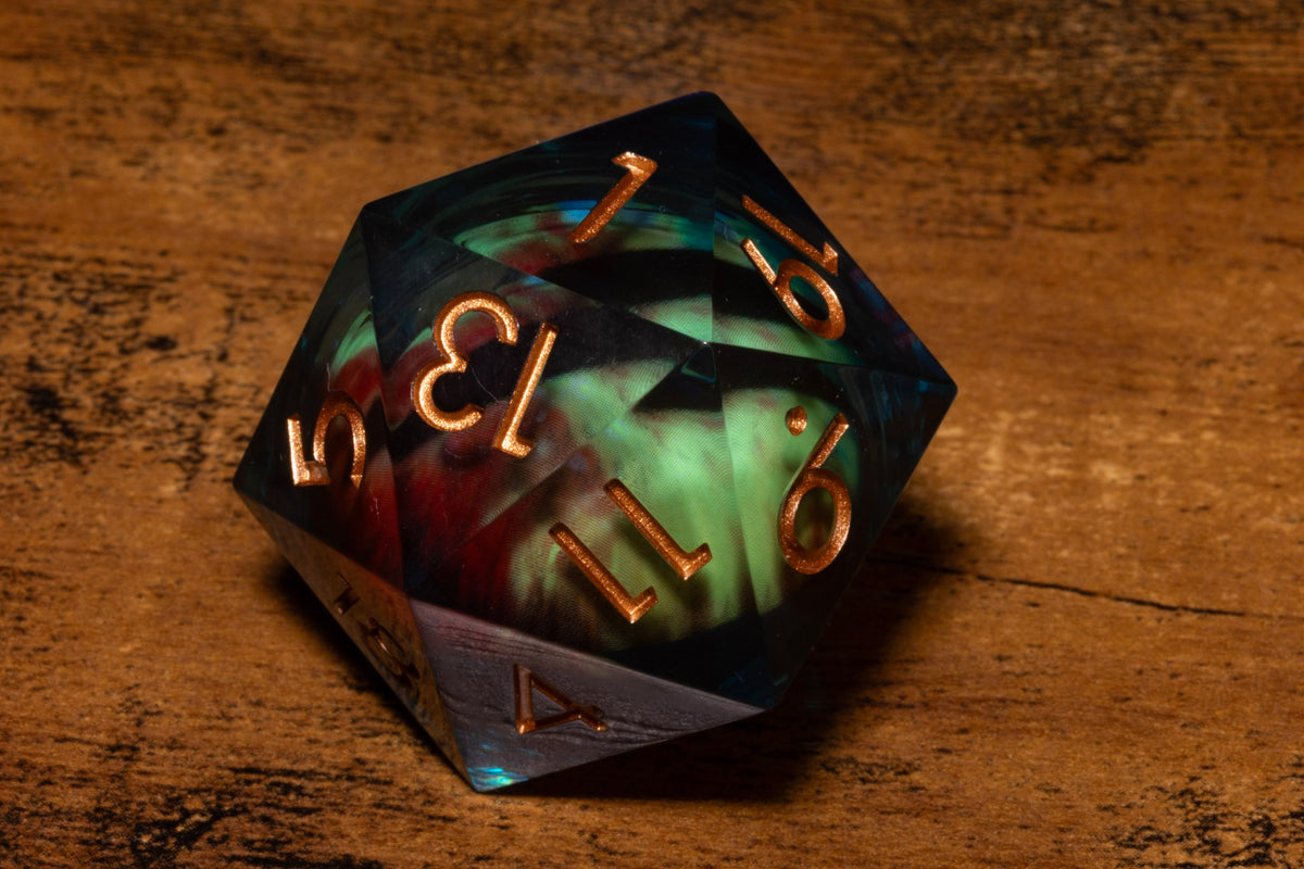 Wyrmfire Dragon Eye Liquid Core Oversized D20 – Extra Large D20 with Green & Red Moving Eye