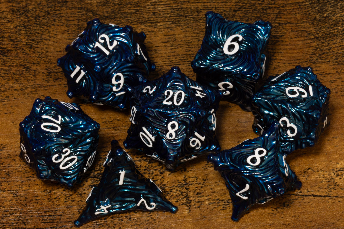 Vortex 7-Piece Metal Dice Set – Navy Blue with White Numbers