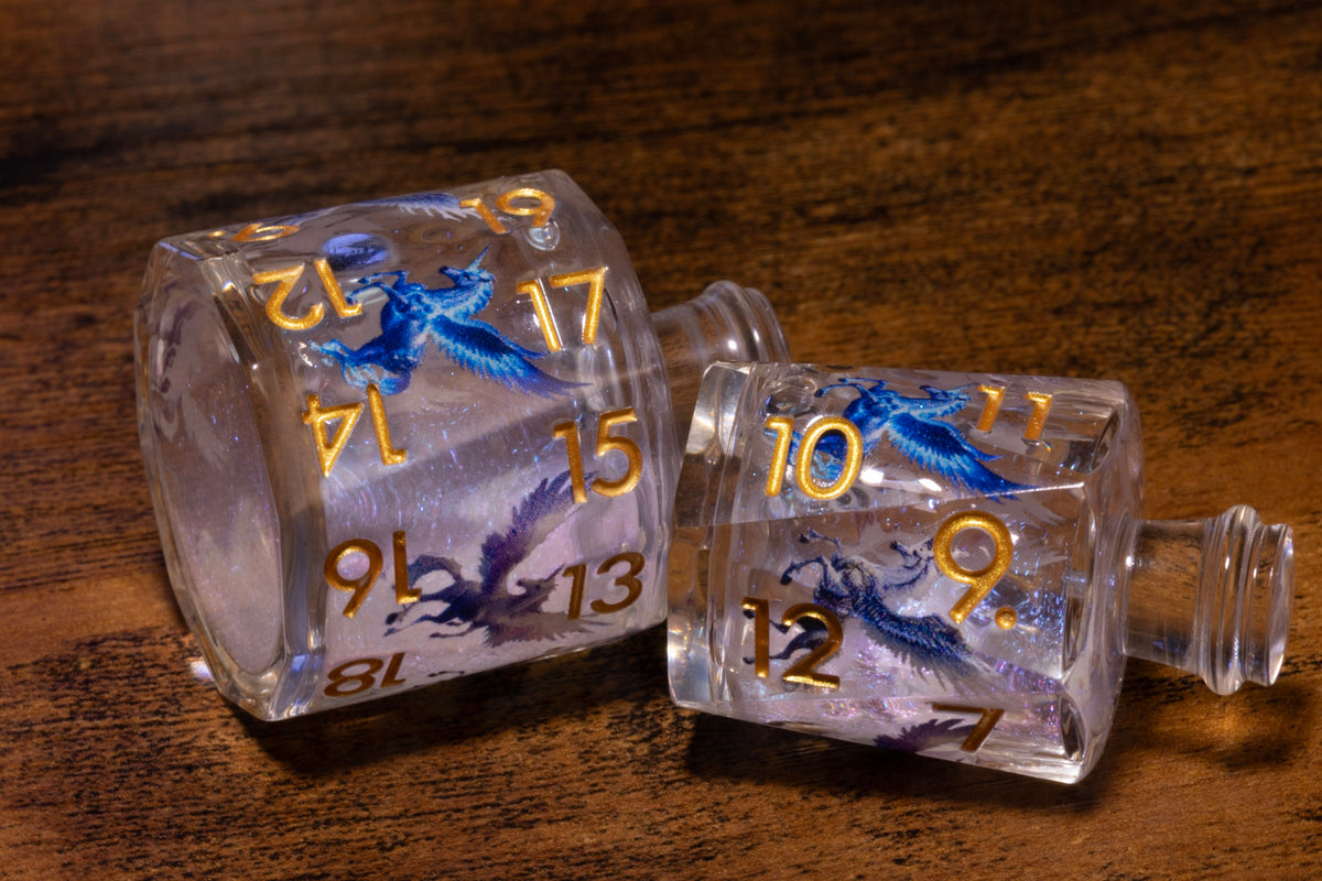 Dragon's Draught 7-Piece Liquid Core Potion Dice Set – White Shimmer with Blue & Purple Dragons