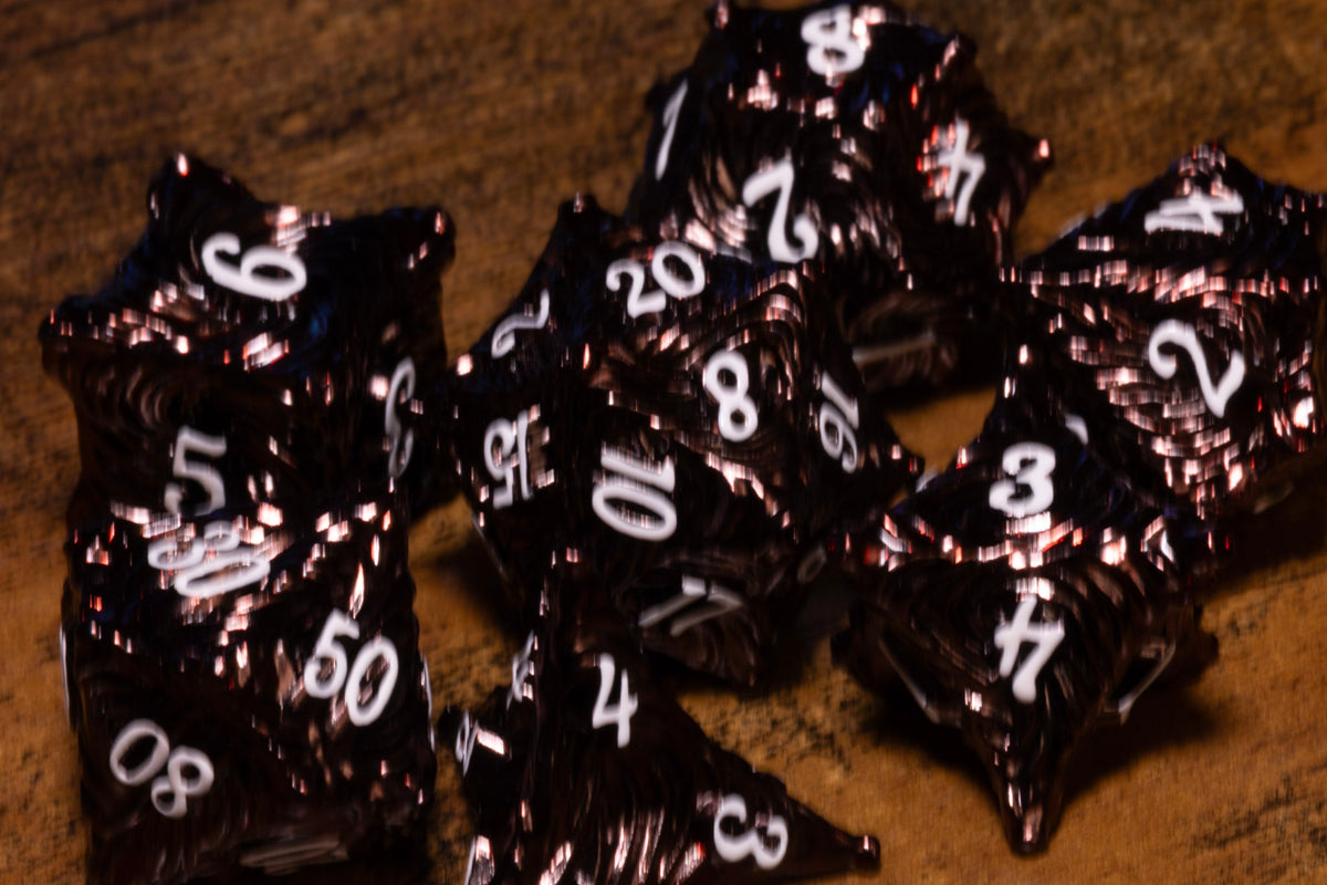 Vortex 7-Piece Metal Dice Set – Dark Red with White Numbers