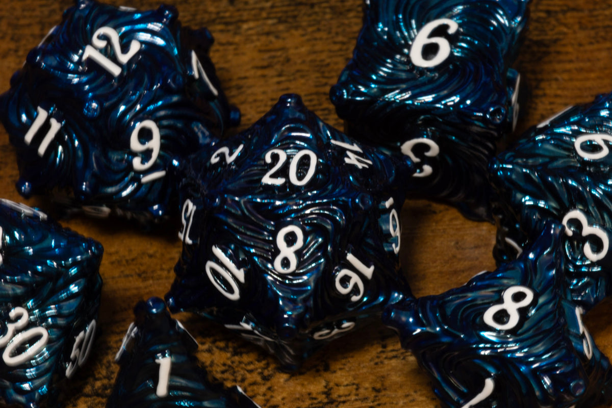 Vortex 7-Piece Metal Dice Set – Navy Blue with White Numbers