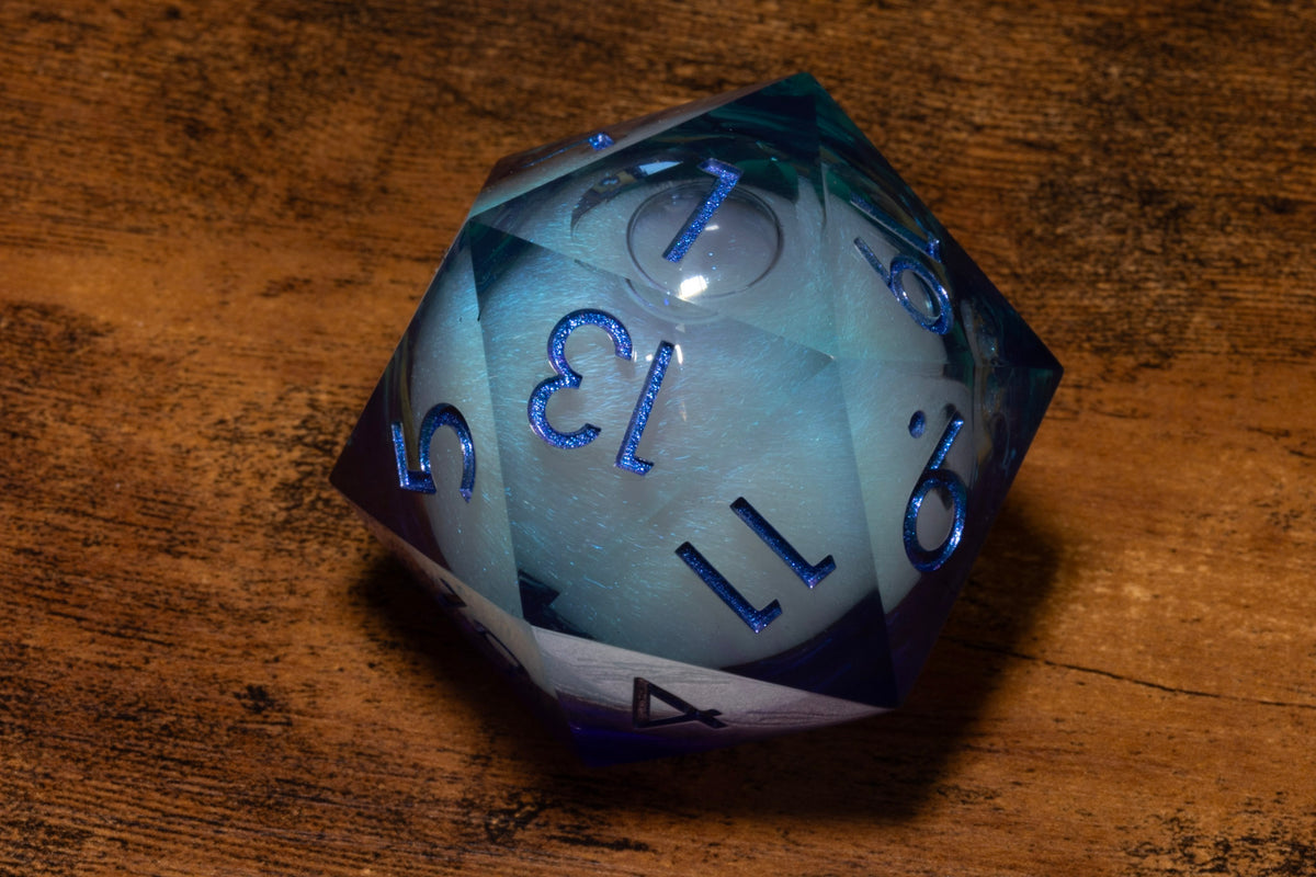 Twilight Mist Liquid Core Gargantuan D20 – 55mm Chonk D20 with Blue & Purple Shimmer Core