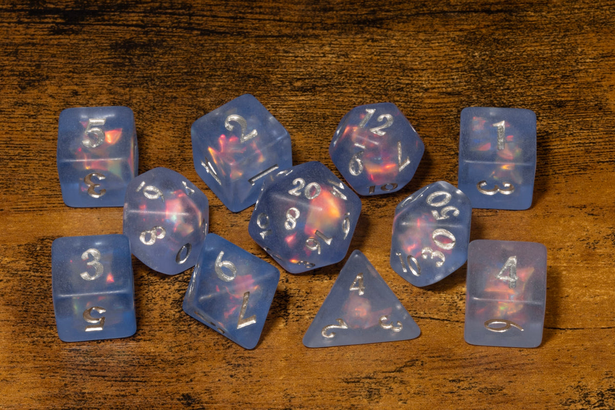 Frost Faerie Opal 7-Piece Dice Set with 4 extra D6 – 11-piece option