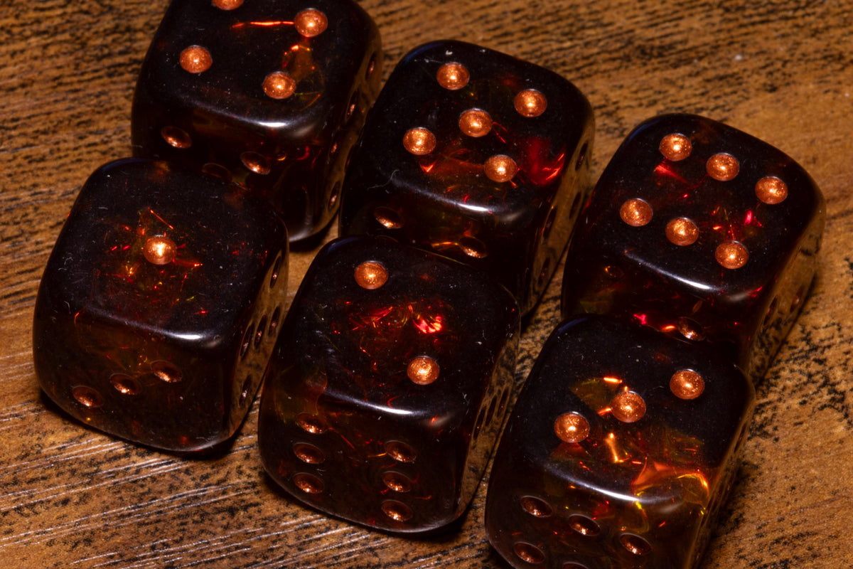 Ember Opal Six-Sided PIP Dice – Translucent Brown with Copper Pips
