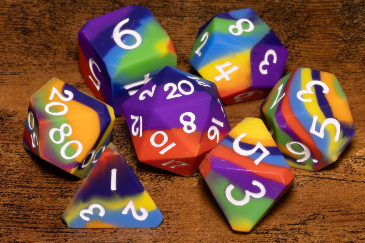 Prism Bounce 7-Piece Silicone Dice Set – Rainbow Layered