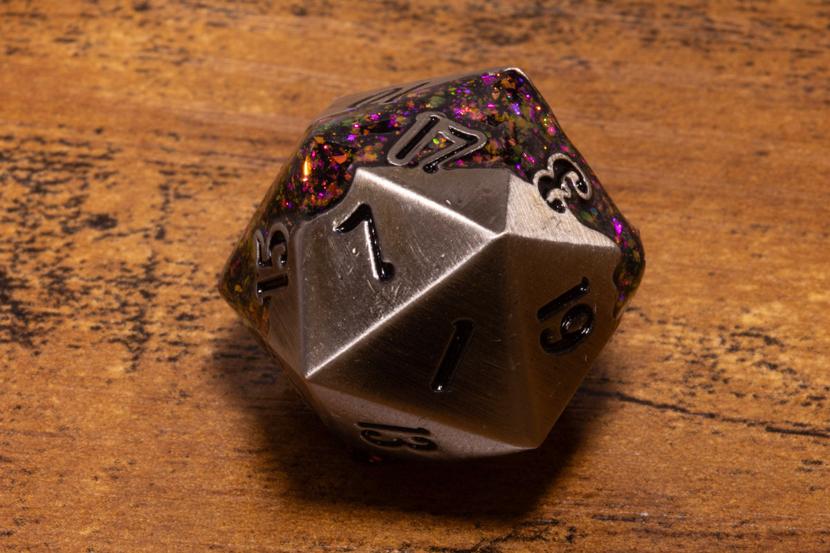 Mana Ore Metal D20 – Antique Silver with Rainbow Mica
