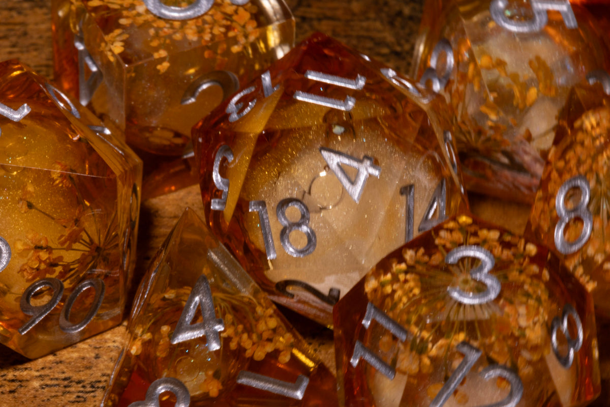 Honey Meadow 7-Piece Liquid Core Dice Set – Amber with Wildflower Core