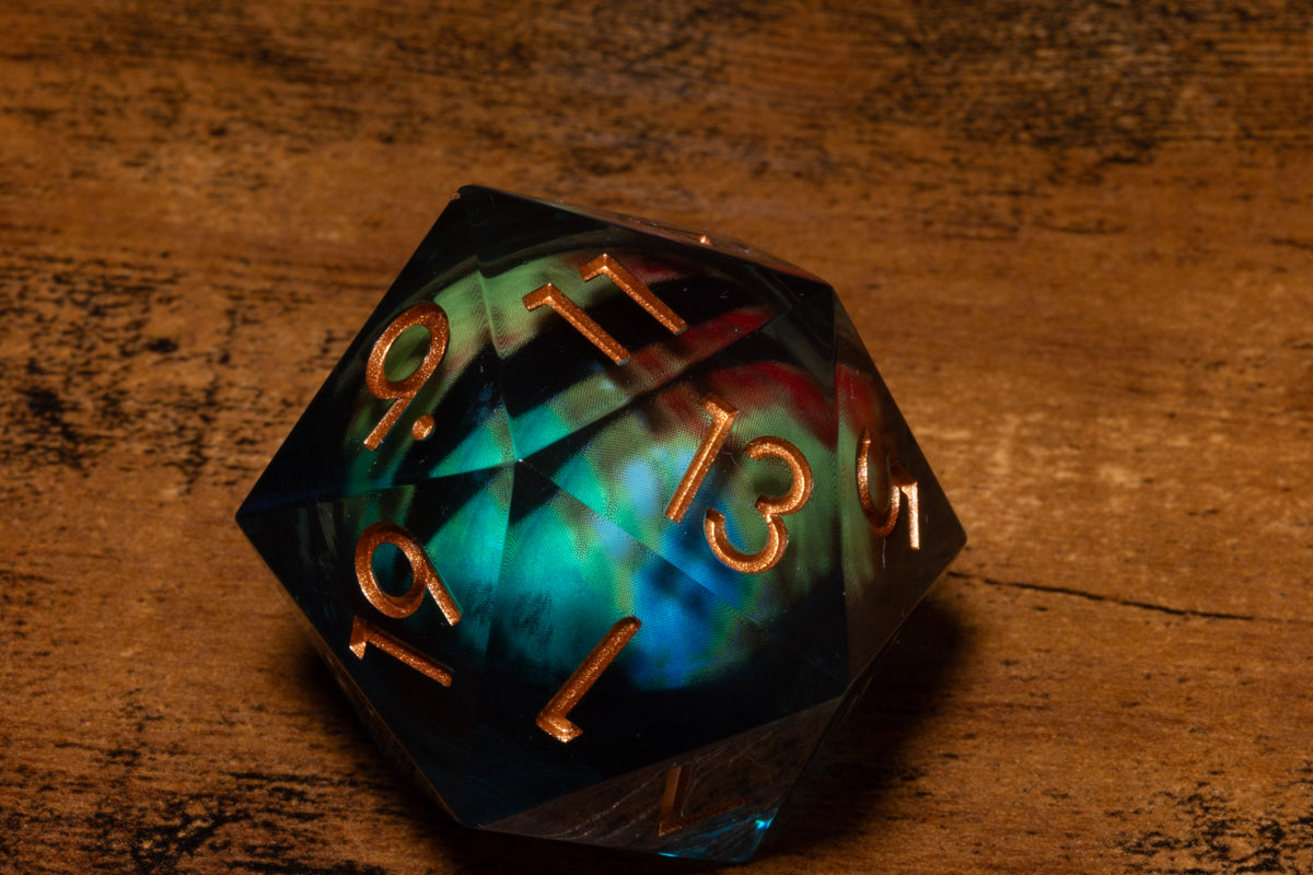 Wyrmfire Dragon Eye Liquid Core Oversized D20 – Extra Large D20 with Green & Red Moving Eye