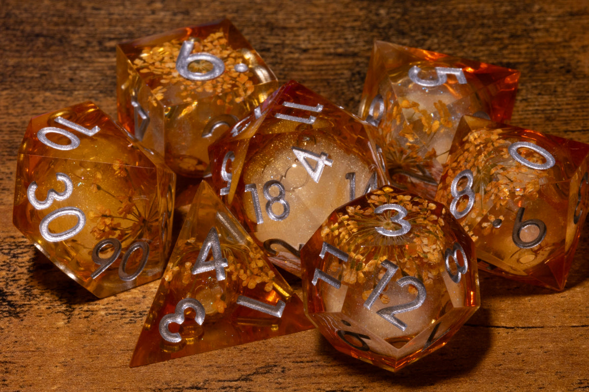 Honey Meadow 7-Piece Liquid Core Dice Set – Amber with Wildflower Core