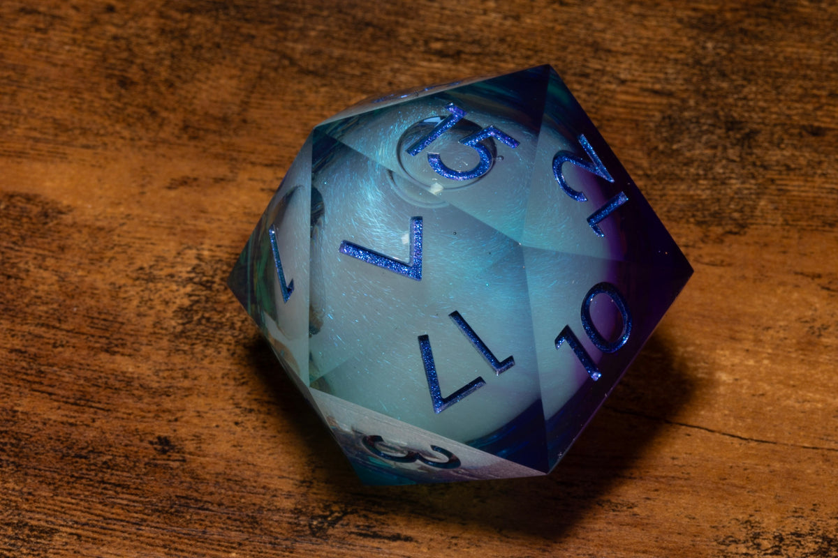 Twilight Mist Liquid Core Gargantuan D20 – 55mm Chonk D20 with Blue & Purple Shimmer Core