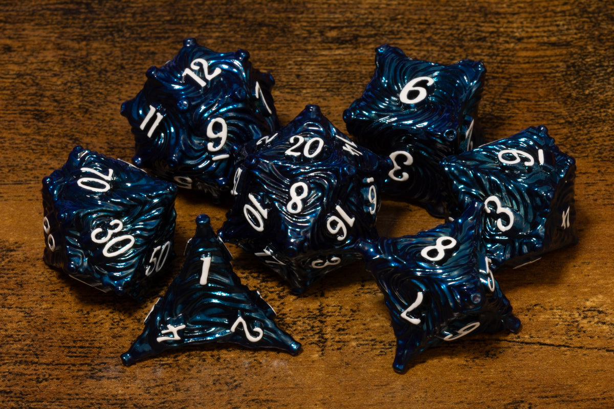 Vortex 7-Piece Metal Dice Set – Navy Blue with White Numbers