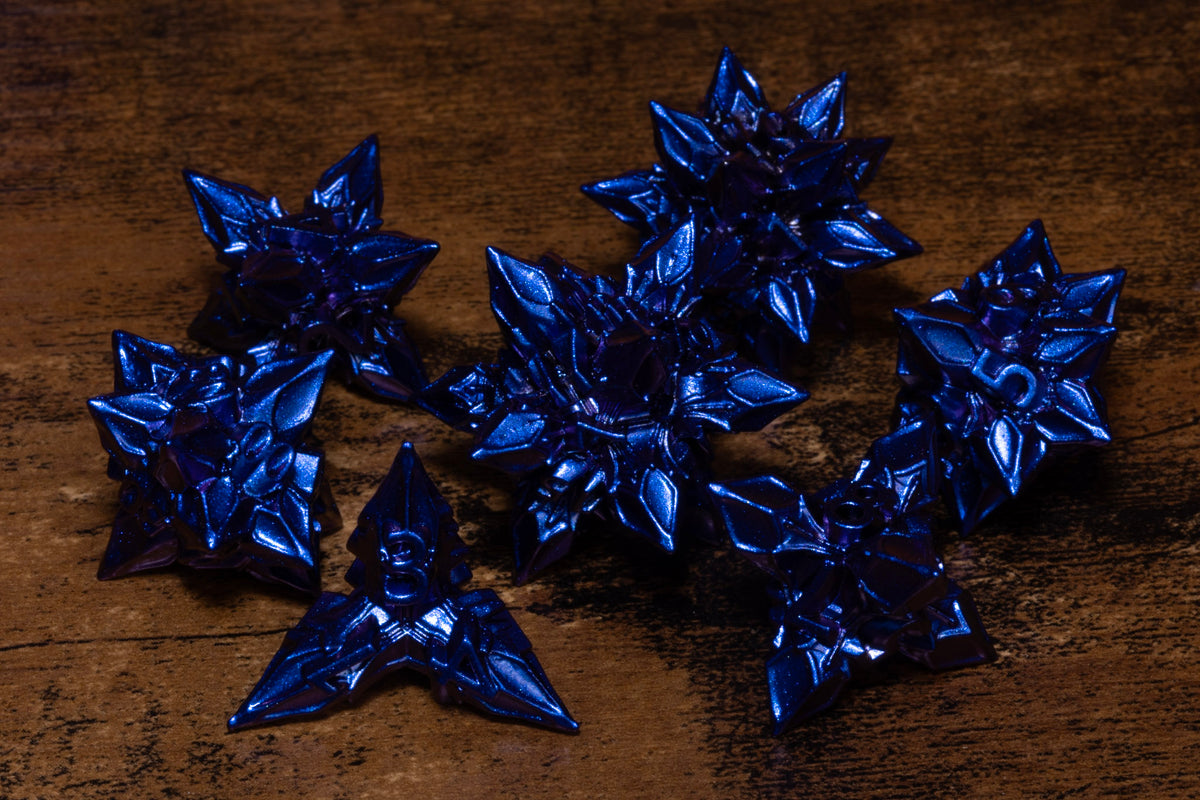 Blooming Stars 7-Piece Metal Dice Set – Iridescent Purple Blue