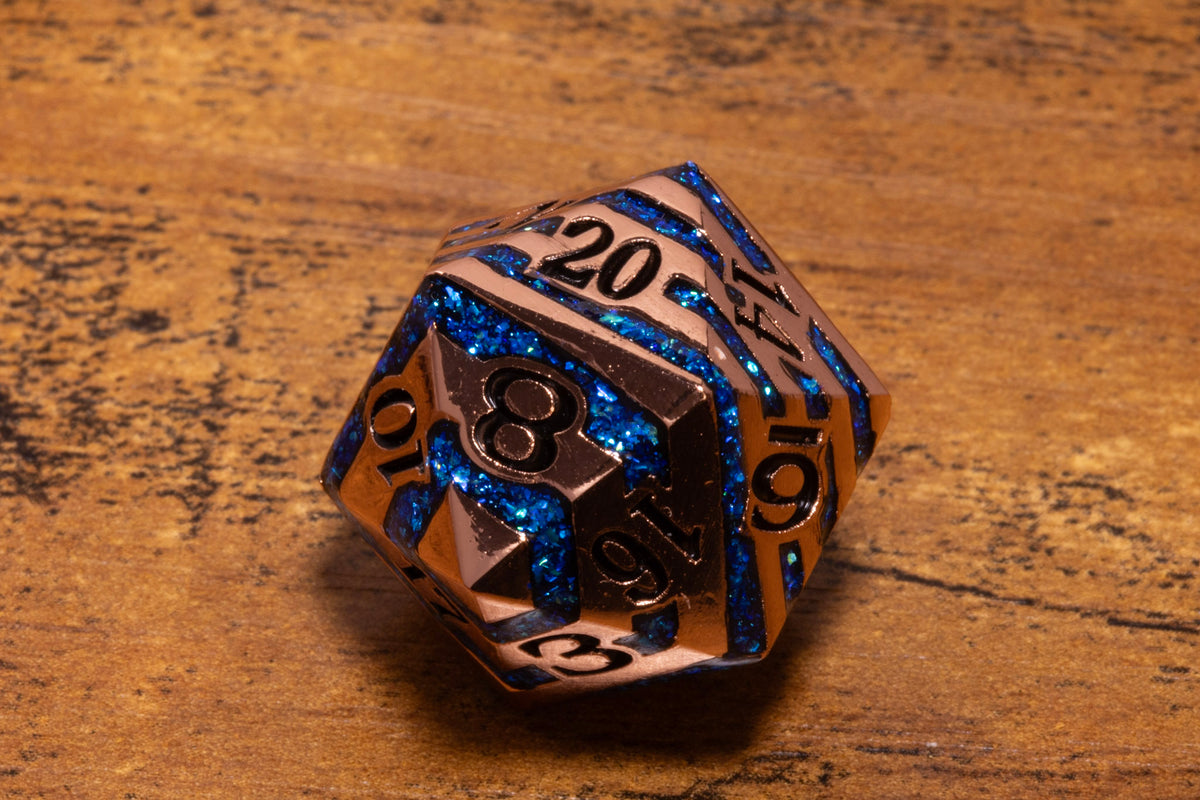Rift Artifact Metal D20 – Copper with Blue Stripe