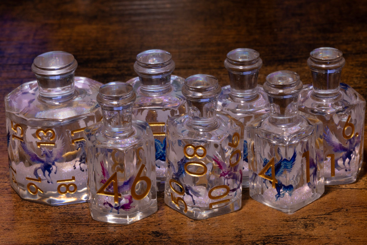 Dragon's Draught 7-Piece Liquid Core Potion Dice Set – White Shimmer with Blue & Purple Dragons