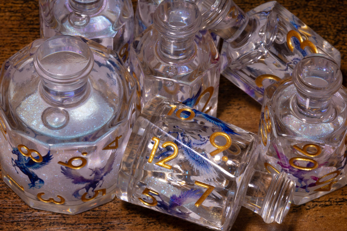 Dragon's Draught 7-Piece Liquid Core Potion Dice Set – White Shimmer with Blue & Purple Dragons