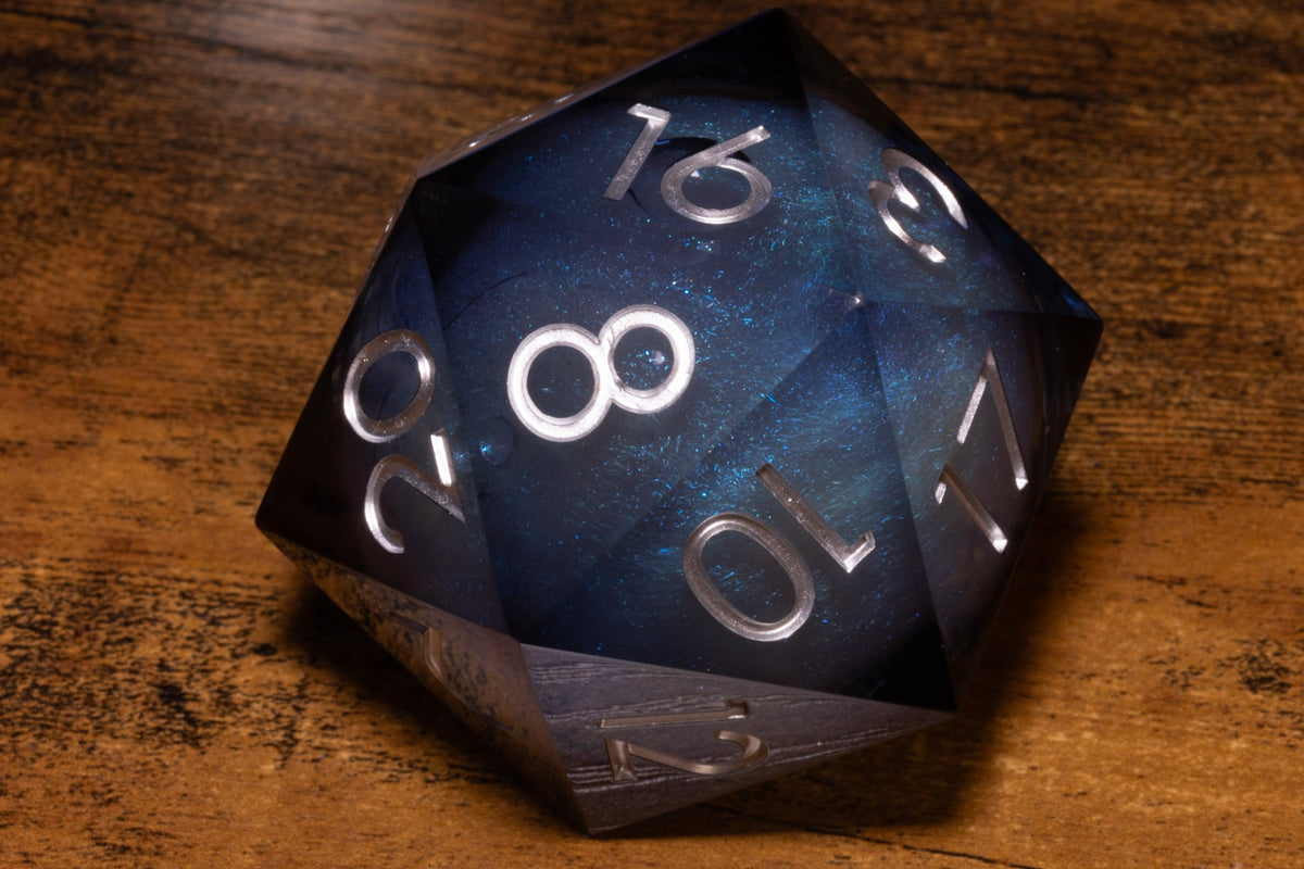 Midnight Tide Liquid Core Gargantuan D20 – 55mm Chonk D20 with Blue-Grey Shimmer Core