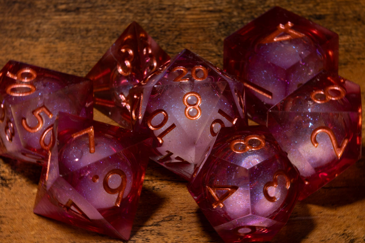 Aether Mist 7-Piece Liquid Core Dice Set – Sharp Edge with Shimmering Pink Core