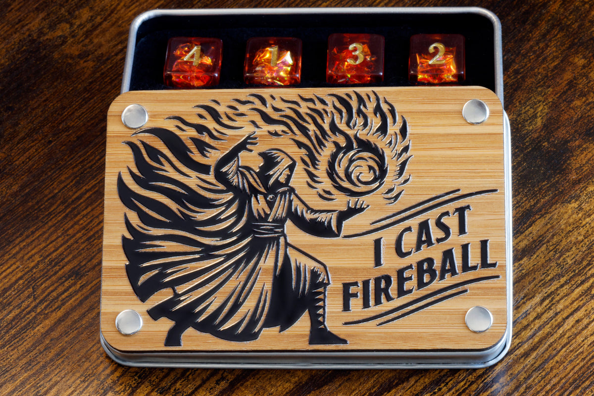 I Cast Fireball Dice Box & Fire Opal 12-Piece D6 Dice Set – Red-Orange, Holographic Glitter