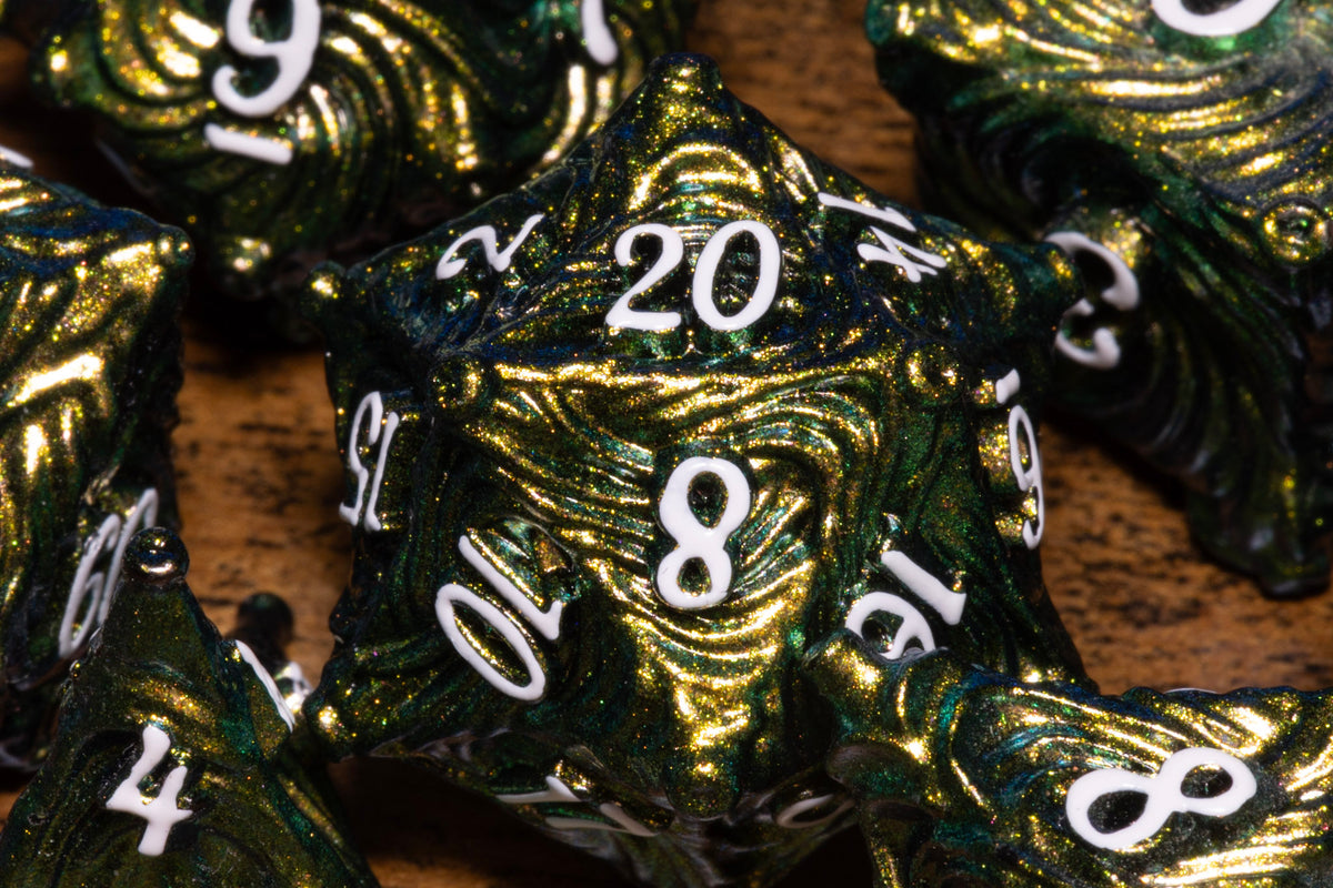 Vortex 7-Piece Metal Dice Set – Lime Green with White Numbers