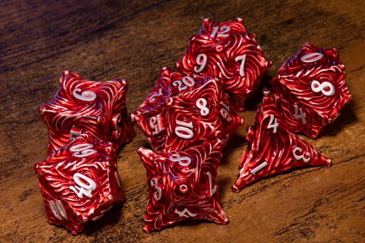 Vortex 7-Piece Metal Dice Set – Red with White Numbers