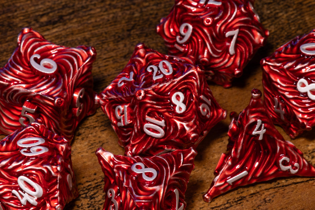 Vortex 7-Piece Metal Dice Set – Red with White Numbers