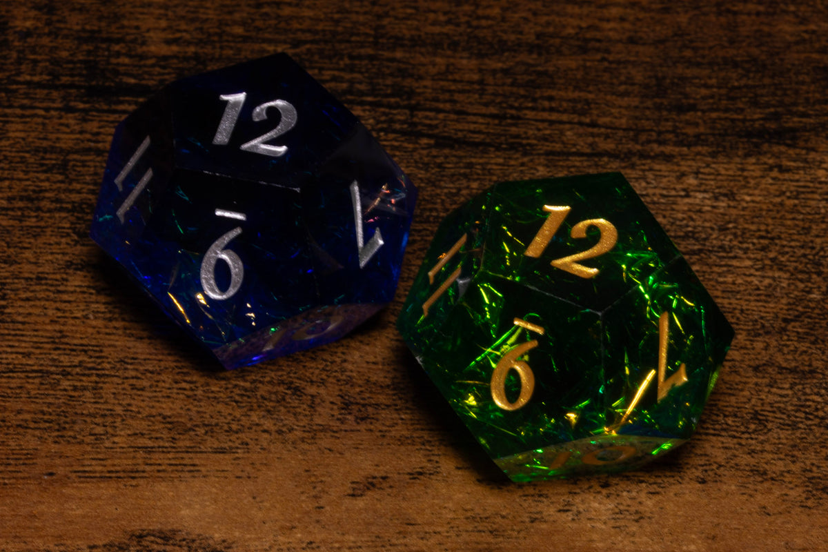 Hope & Fear D12 Set – Sacred Sapphire + Sacred Emerald – Sharp-Edge Resin Duality Dice for Daggerheart