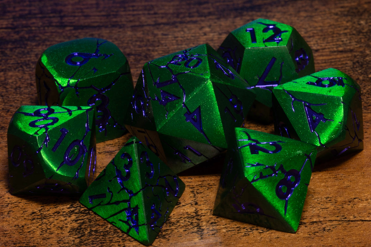 Meteor Shard 7-Piece Metal Dice Set – Green with Purple Numbers