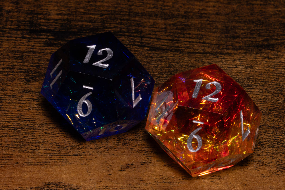 Hope & Fear D12 Set – Sacred Sapphire + Fire Opal – Sharp-Edge Resin Duality Dice for Daggerheart