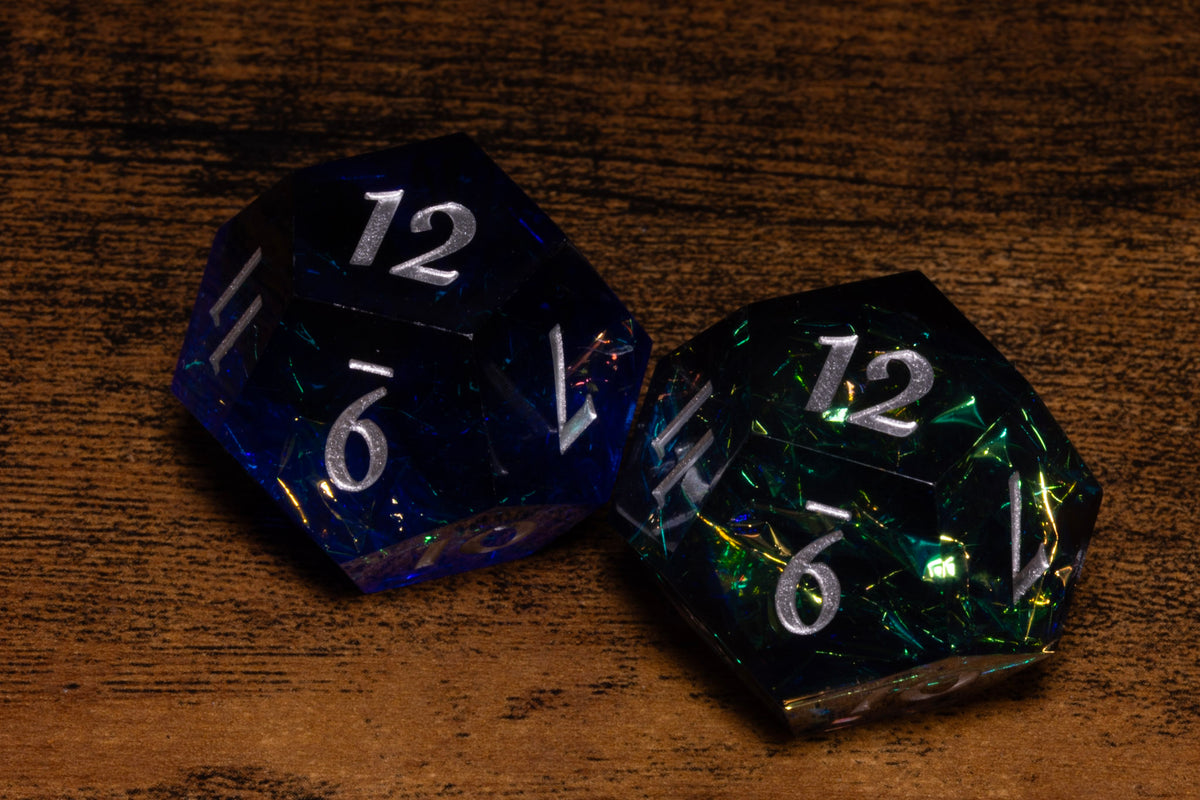 Hope & Fear D12 Set – Sacred Sapphire + Shadow Opal – Sharp-Edge Resin Duality Dice for Daggerheart