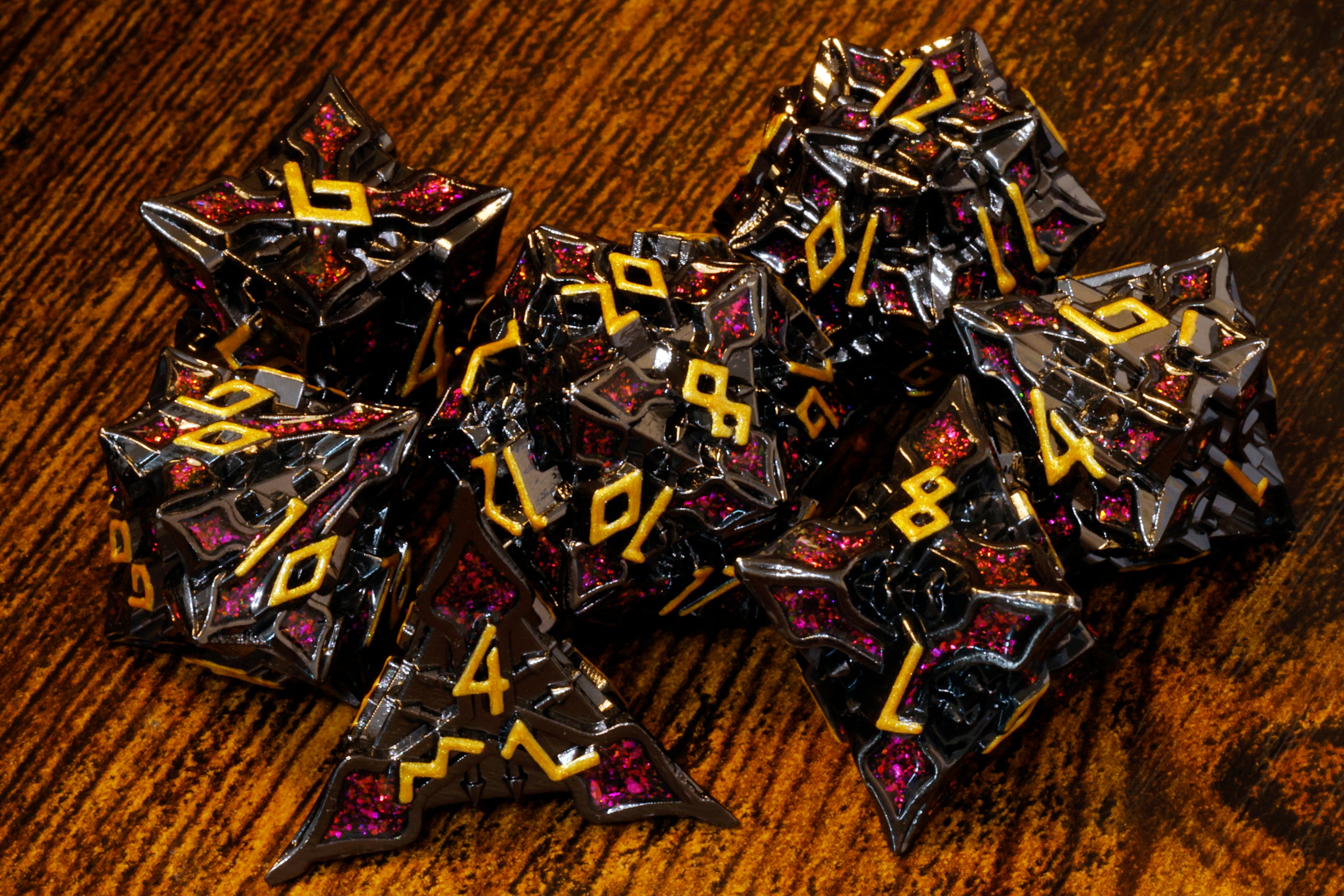 Runecraft dice set - Red mica and gold font - Black Metal - The Wizard's Vault