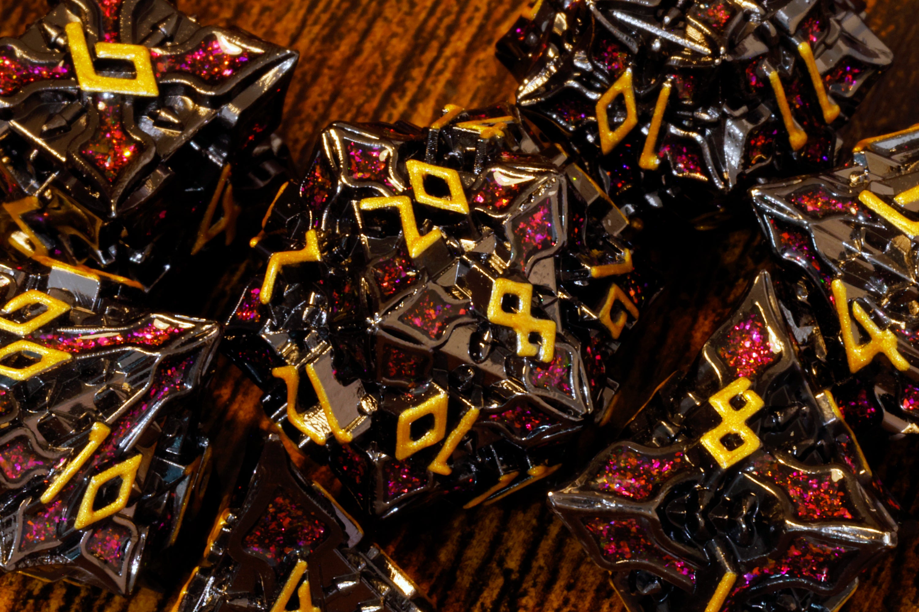 Runecraft dice set - Red mica and gold font - Black Metal - The Wizard's Vault