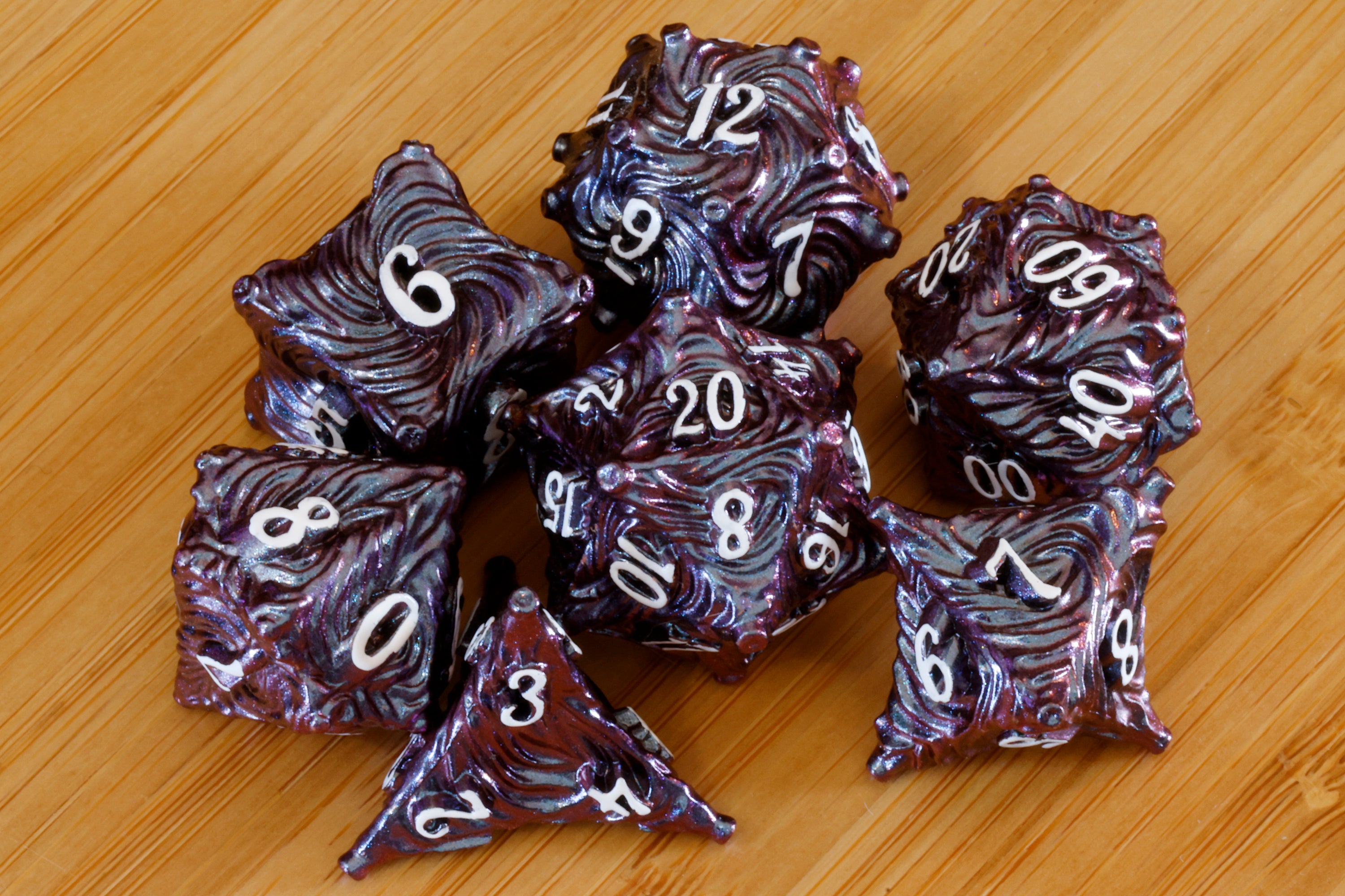 Vortex Dice Set - Purple Red shifting mica - Metal - The Wizard's Vault