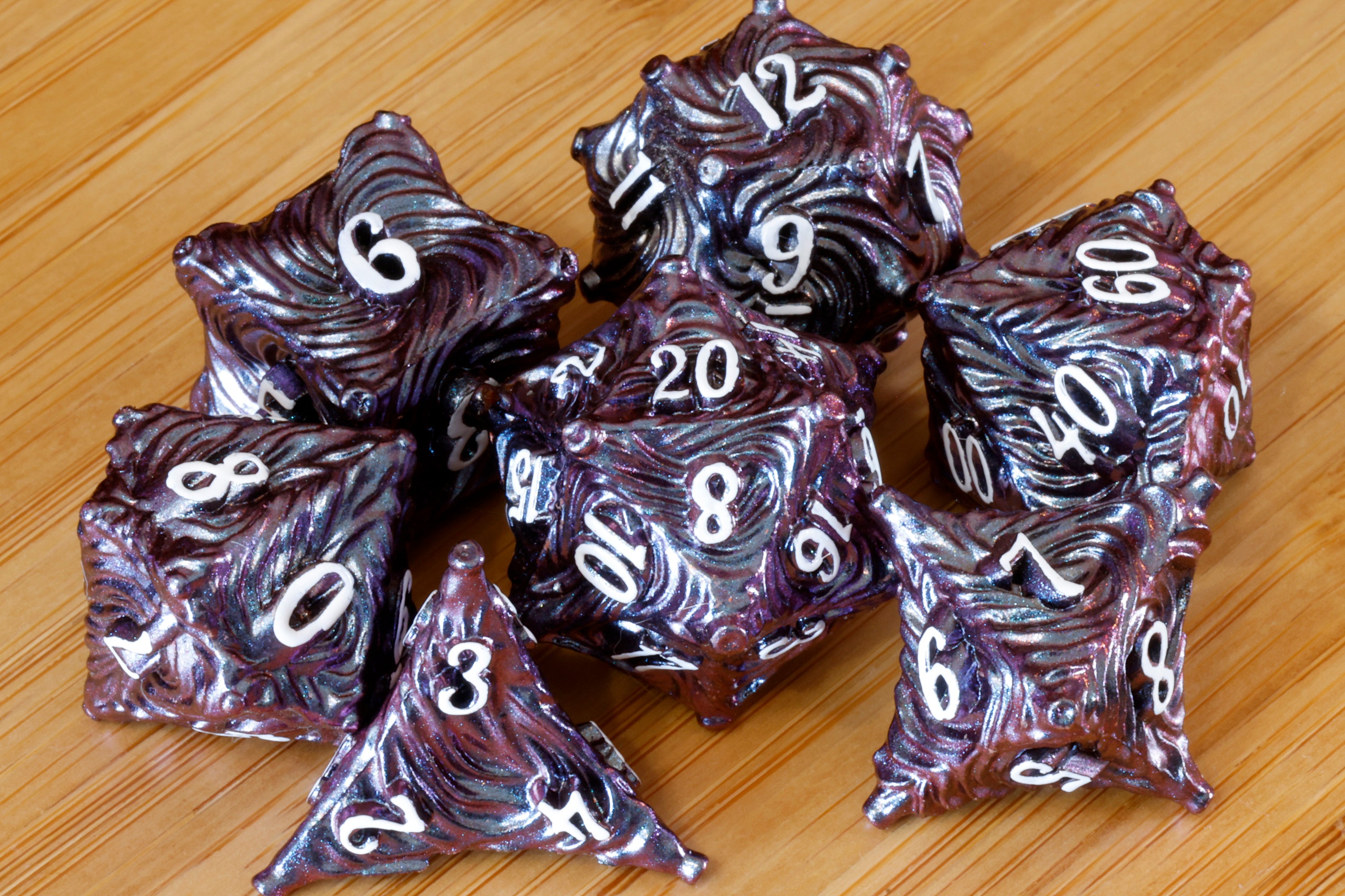 Vortex Dice Set - Purple Red shifting mica - Metal - The Wizard's Vault