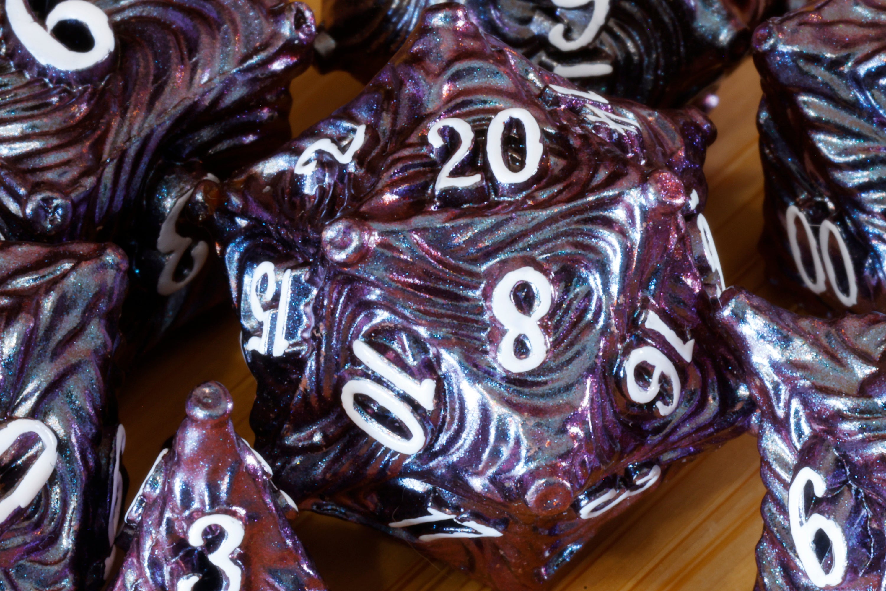 Vortex Dice Set - Purple Red shifting mica - Metal - The Wizard's Vault