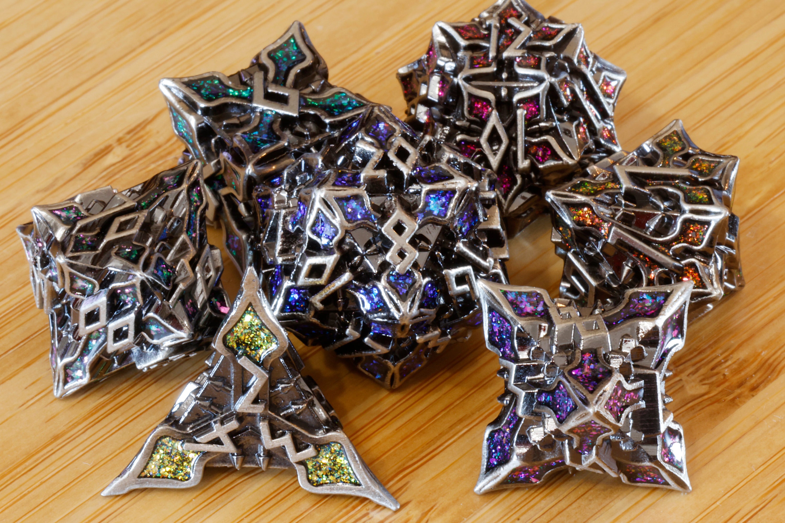 Runecraft dice set - Multicolor mica - Antique Silver - The Wizard's Vault