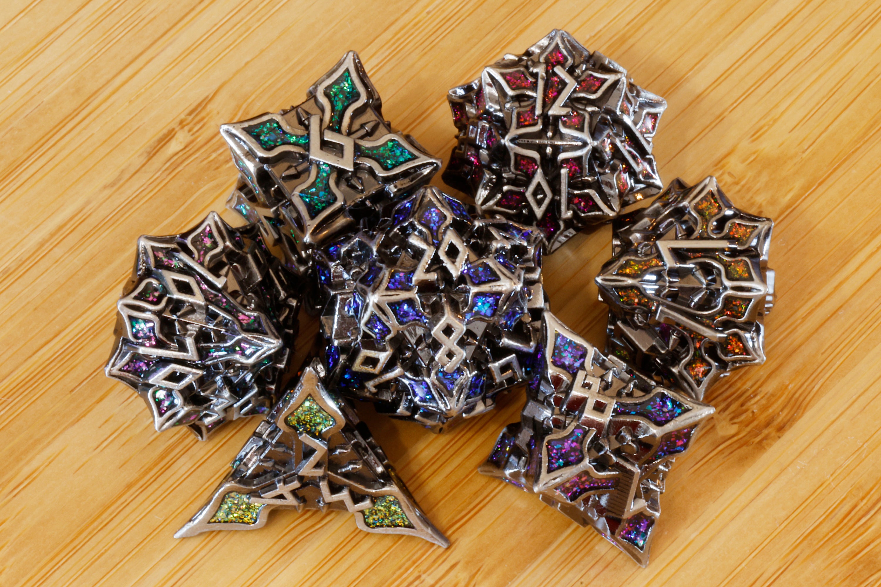 Runecraft dice set - Multicolor mica - Antique Silver - The Wizard's Vault