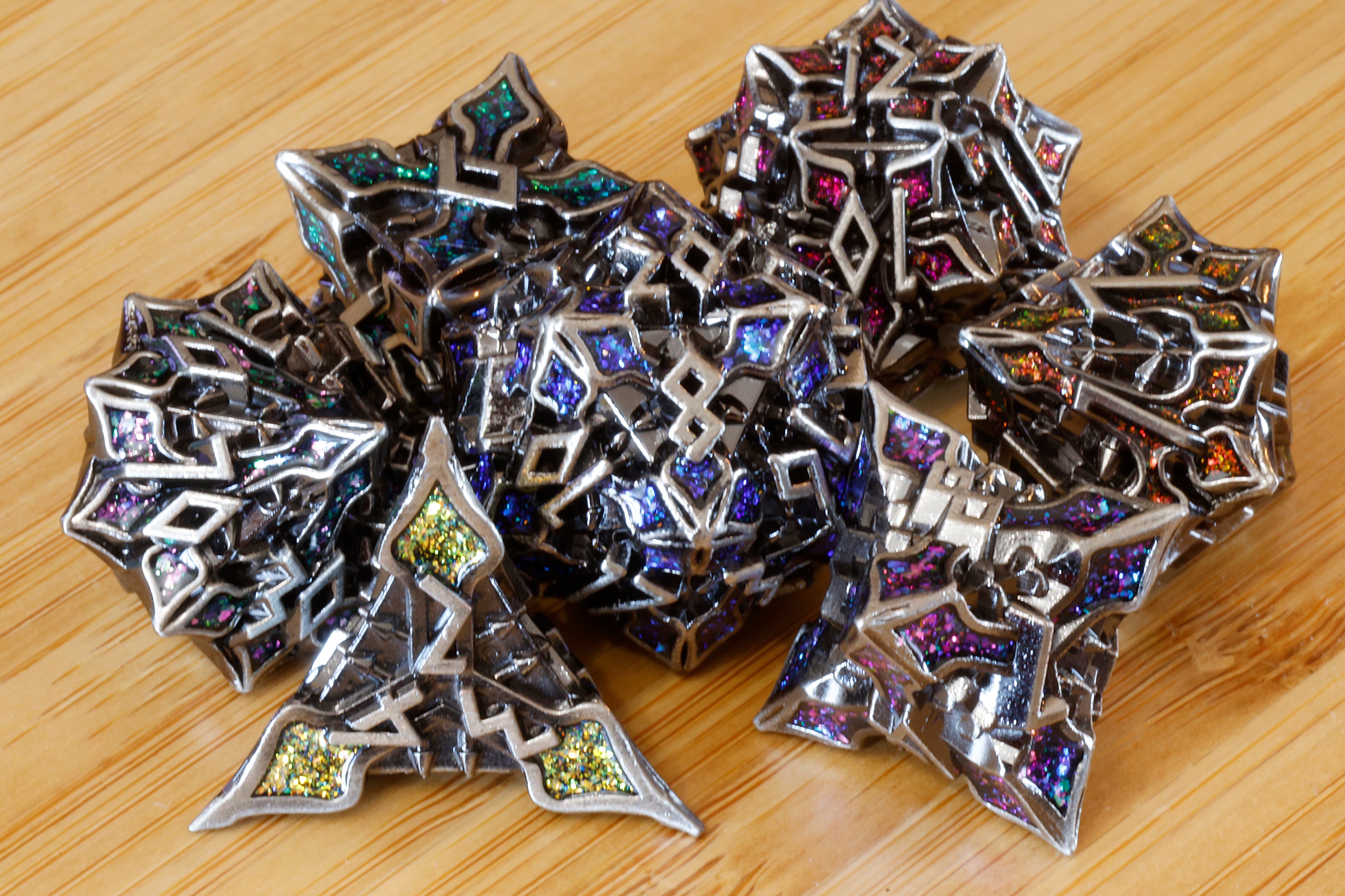 Runecraft dice set - Multicolor mica - Antique Silver - The Wizard's Vault