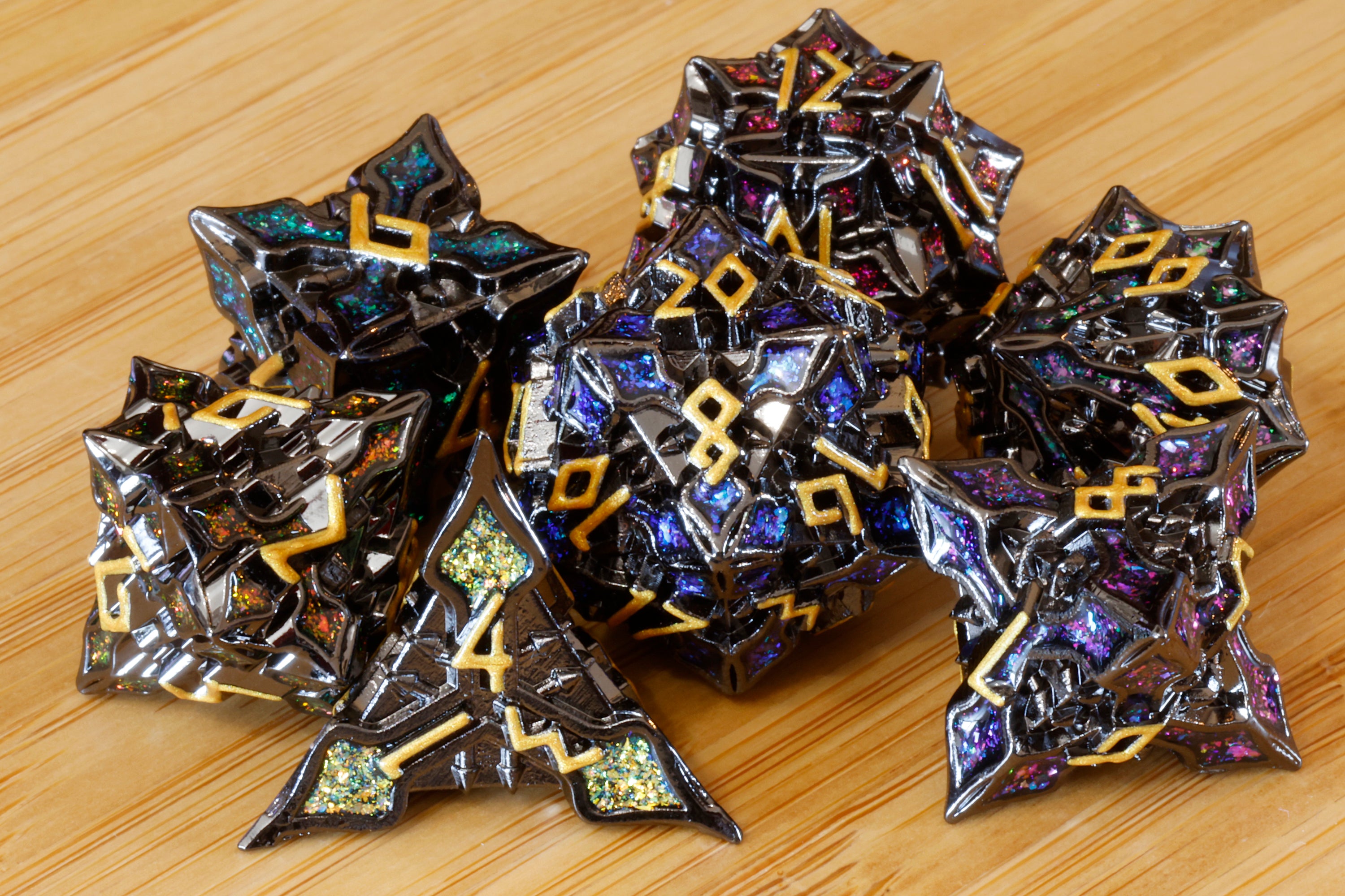 Runecraft dice set - Multicolor mica and gold font - Black Metal - The Wizard's Vault