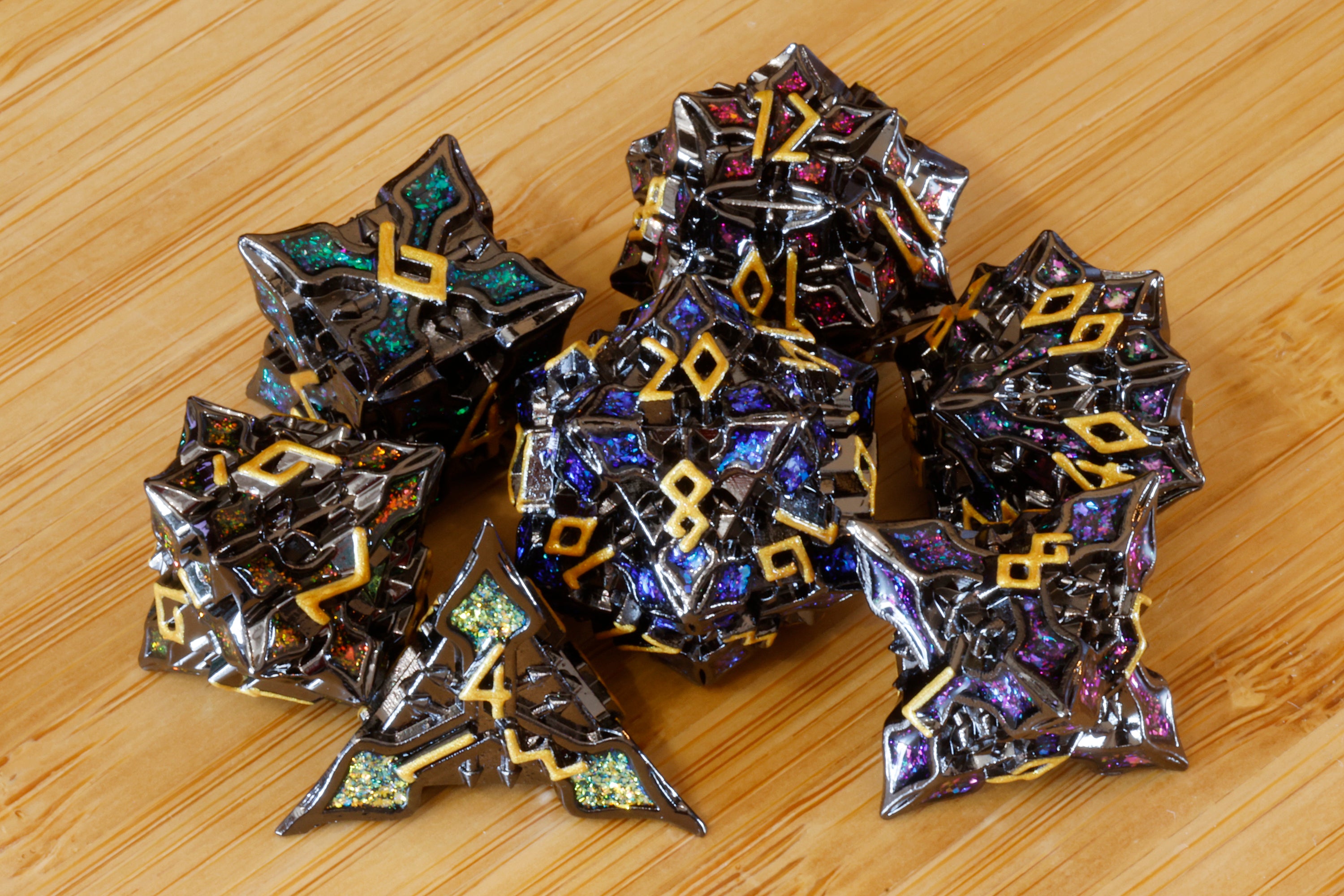 Runecraft dice set - Multicolor mica and gold font - Black Metal - The Wizard's Vault