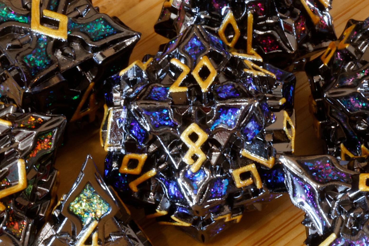 Runecraft dice set - Multicolor mica and gold font - Black Metal - The Wizard's Vault