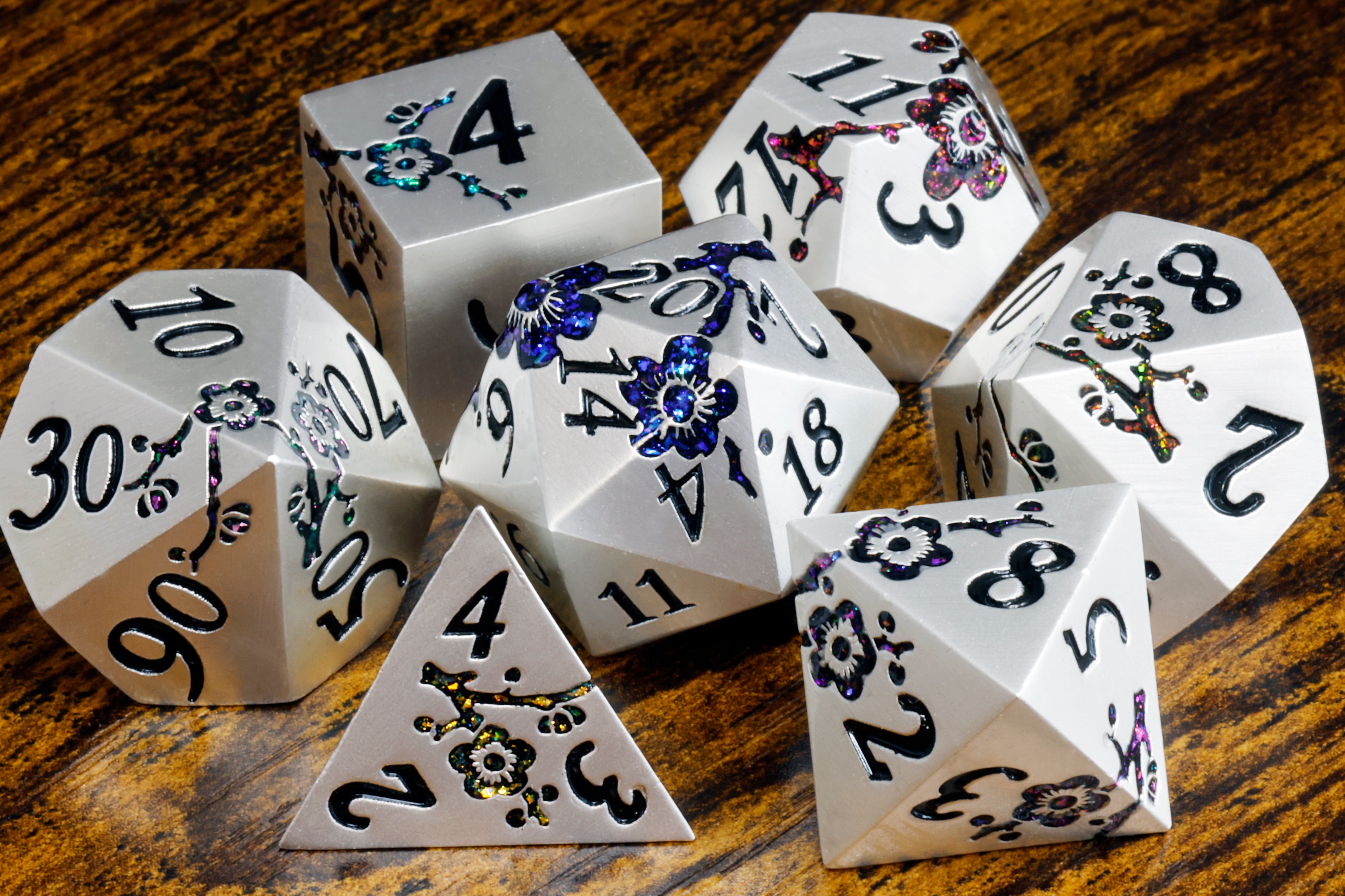 Sakura Bloom Metal Dice set - Silver Finish - The Wizard's Vault