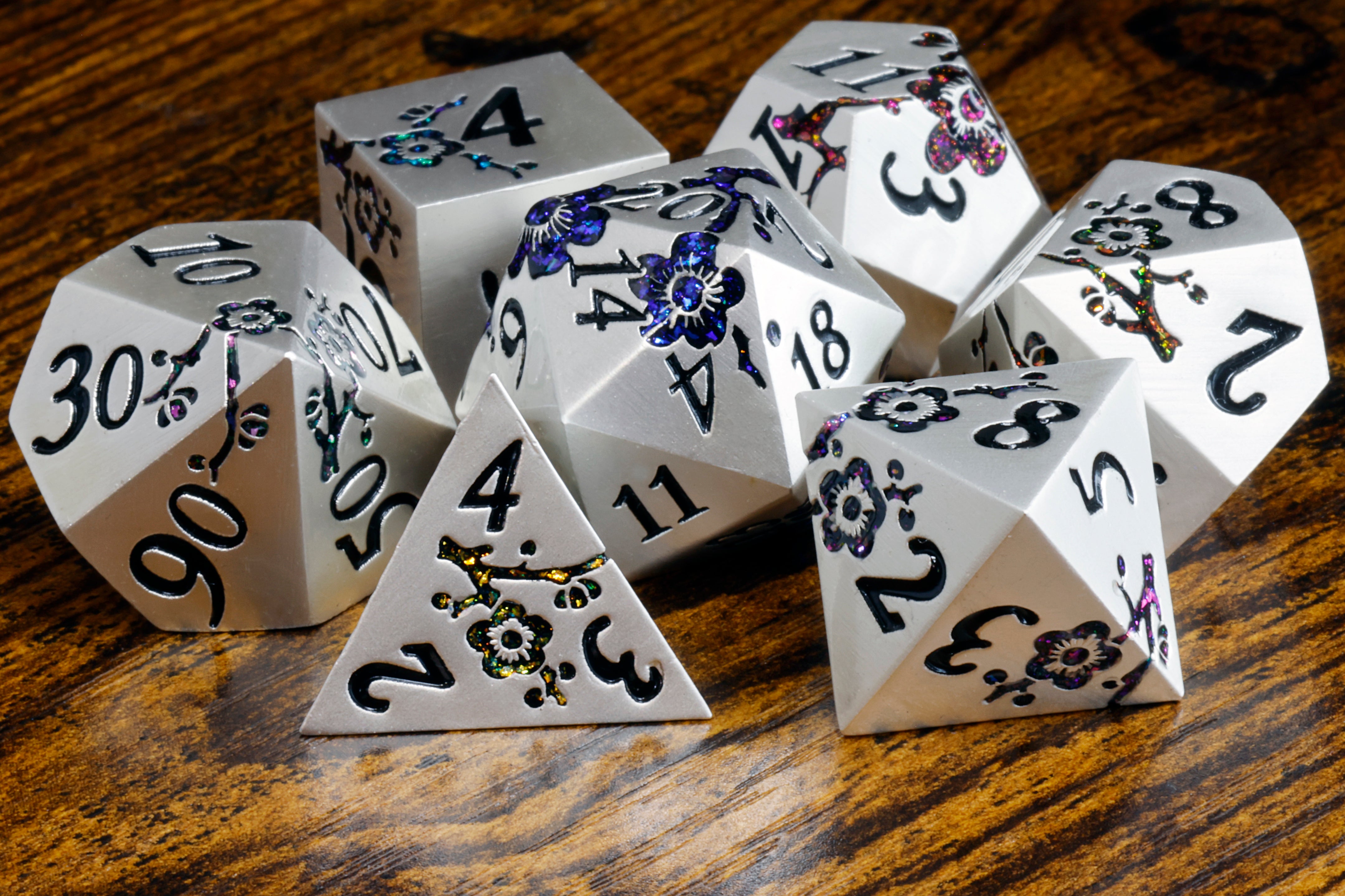 Sakura Bloom Metal Dice set - Silver Finish - The Wizard's Vault