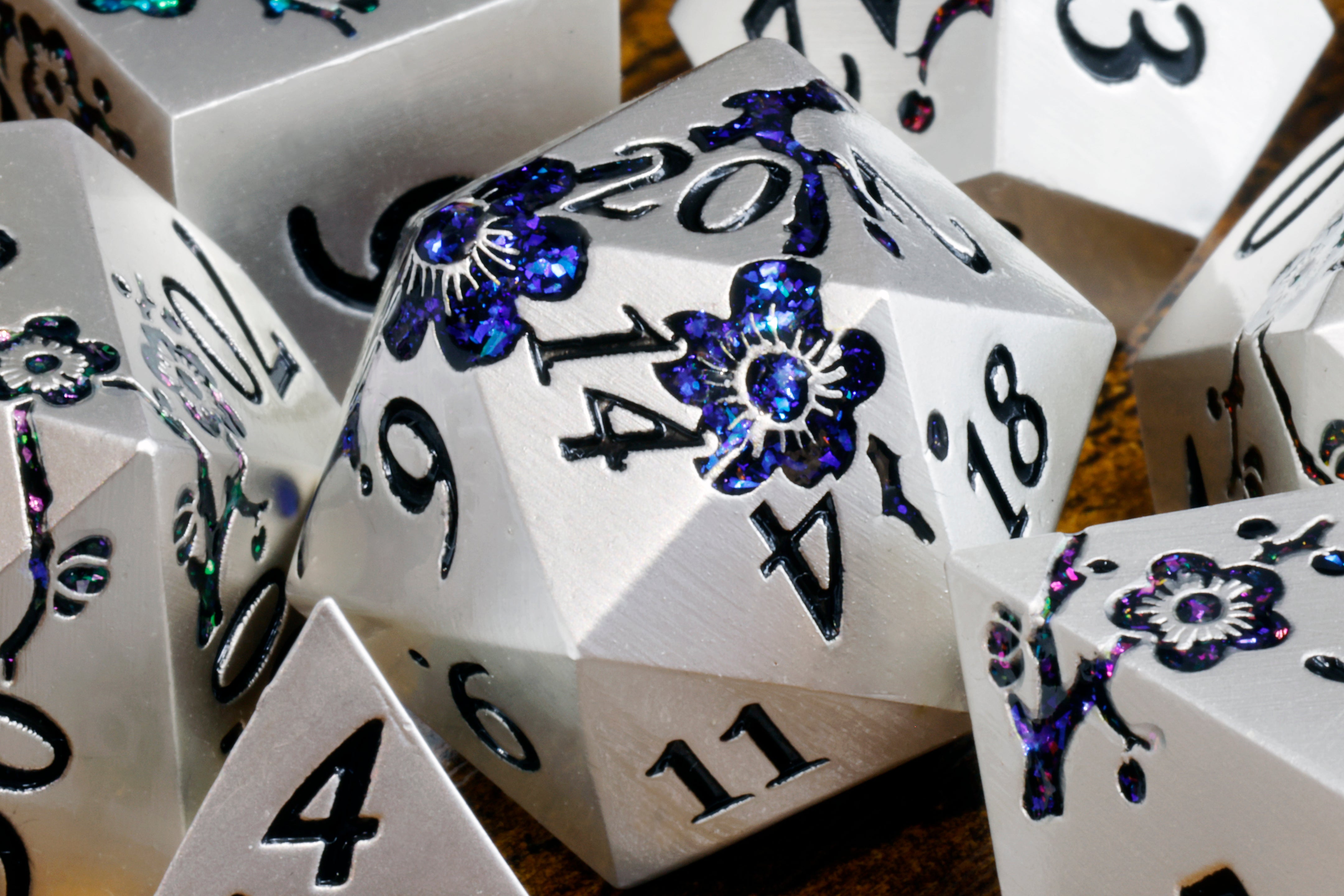 Sakura Bloom Metal Dice set - Silver Finish - The Wizard's Vault