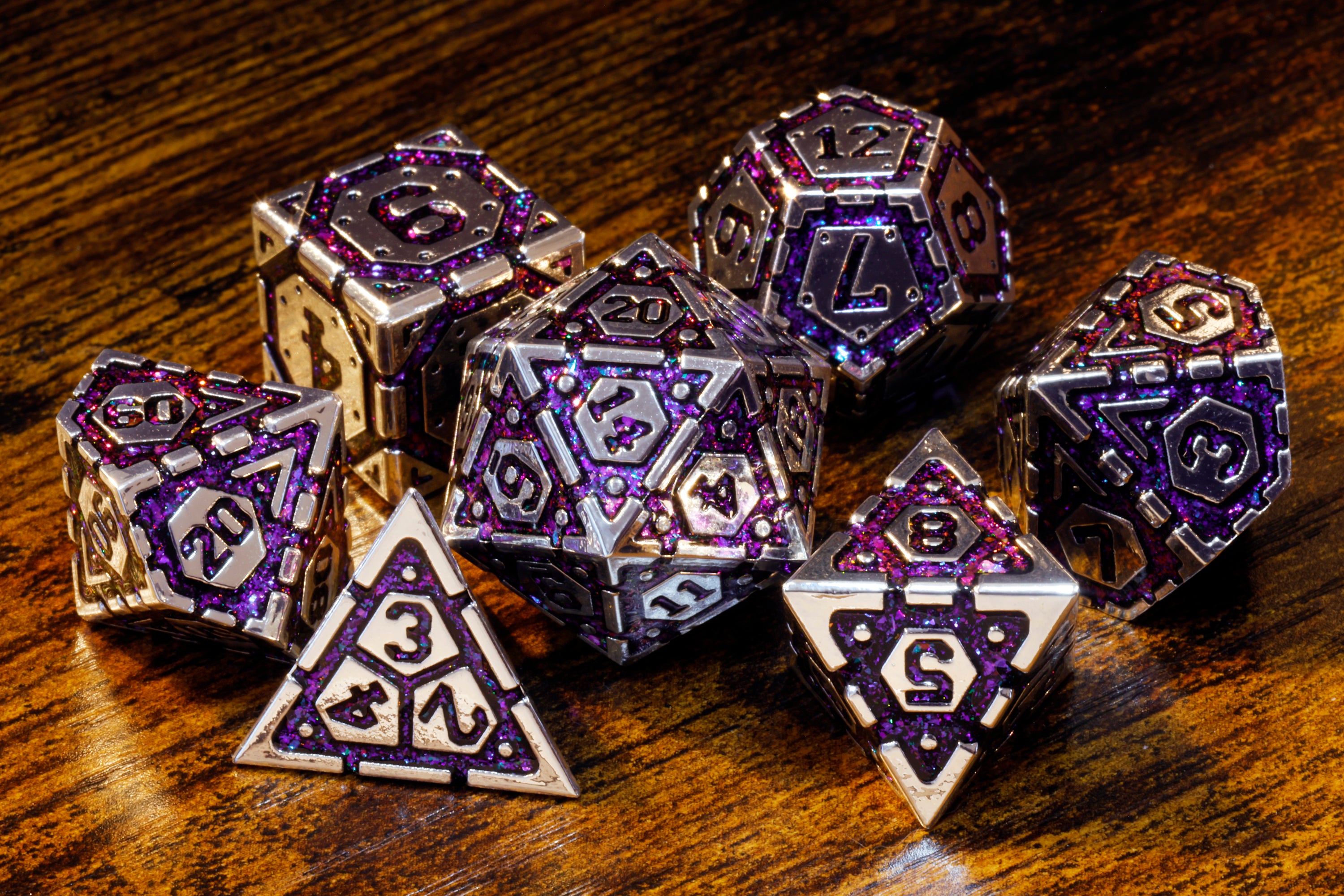 Stellar Relic Vault dice set with purple and antique silver metal - The Wizard's Vault